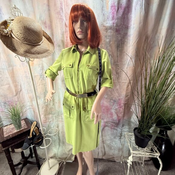 📌Sharagano Lime Green  Sheath Dress with Roll Up Sleeves and Pockets - Picture 7 of 16
